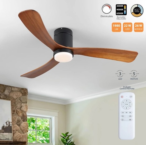 52 Inch Ceiling Fan BLK 22W LED Wood CCT