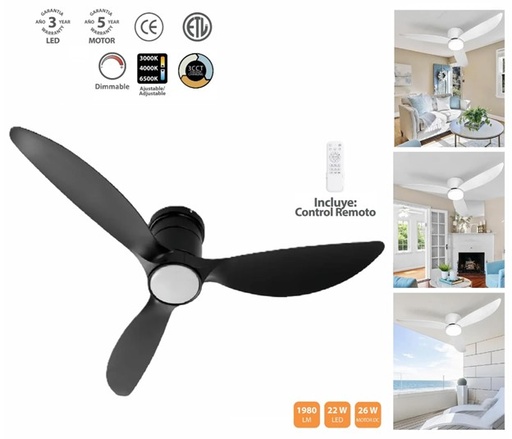 52 Inch Ceiling Fan Black 22W LED Wood CCT